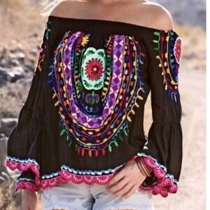 Ruby Yaya Black Embroidered Top Womens Small Boho Festival Artsy Gypsy Whimsical